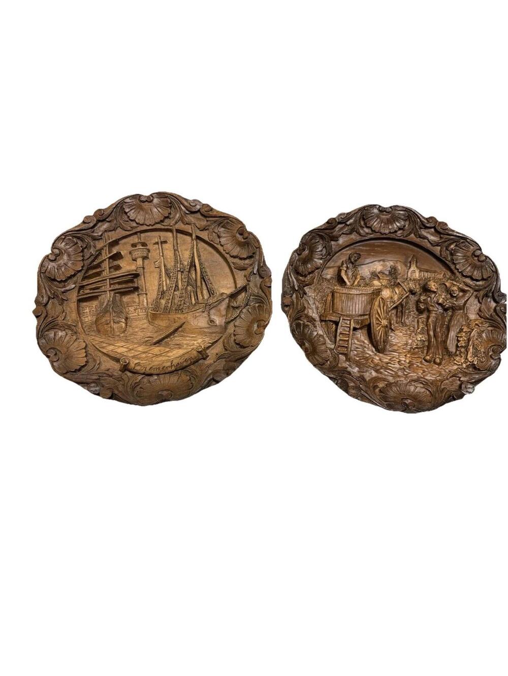 2 Vintage faux carved wood wall plaque/plates; colonial, country, farmhouse